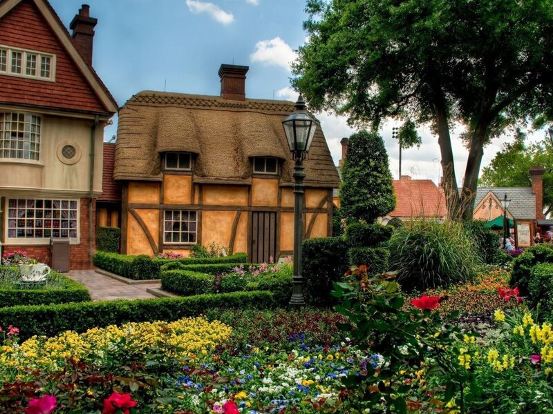 Thatched Cottage in Garden — Green, Serene, Afternoon, Photograph