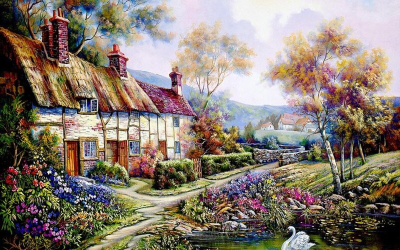 Thatched Cottage in Garden — Green, Serene, Autumn, Painting, Swan