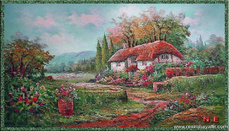Thatched Cottage in Garden — Green, Serene, Autumn, Painting