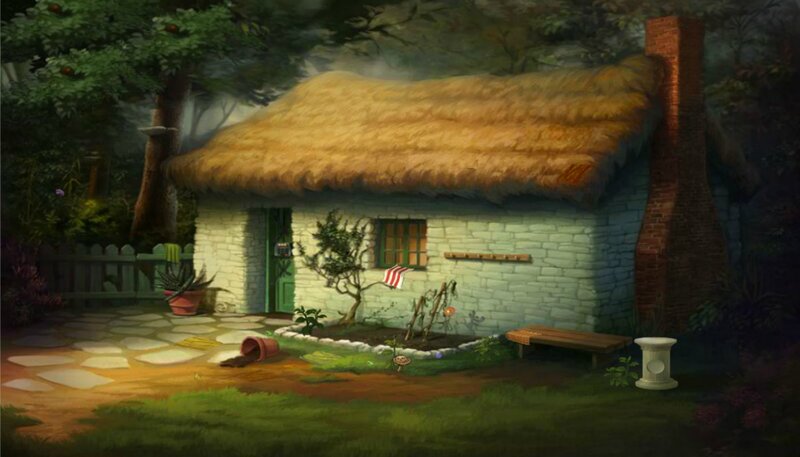 Thatched Cottage in Garden — Green, Serene, Morning, Digital Art