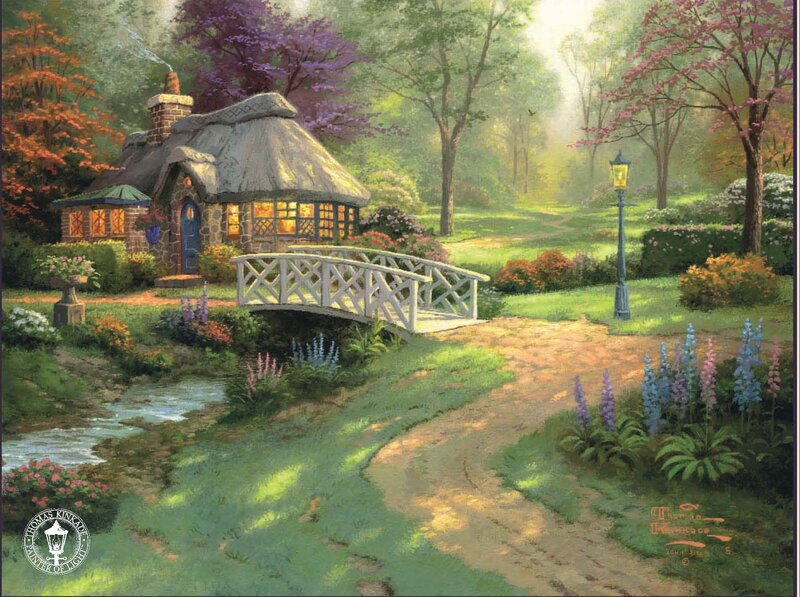 Thatched Cottage in Garden — Green, Serene, Morning, Painting
