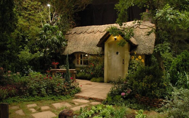 Thatched Cottage in Garden — Green, Serene, Night