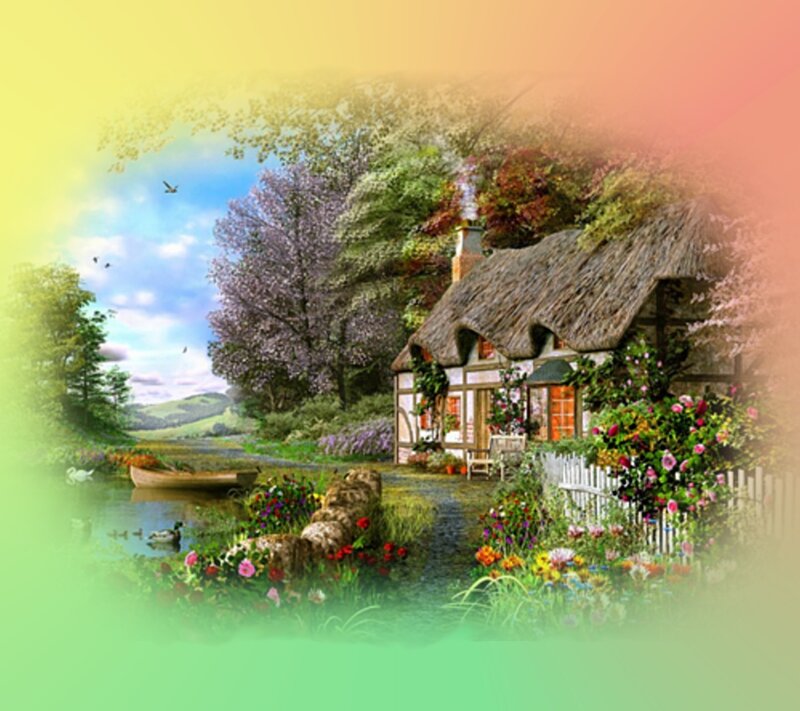 Thatched Cottage in Garden — Green, Serene, Spring, Digital Art