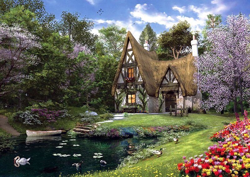 Thatched Cottage in Garden — Green, Serene, Spring, Illustration