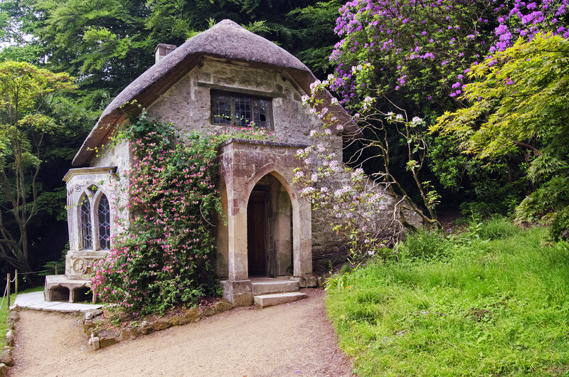 Thatched Cottage in Garden — Green, Serene, Spring, Photograph, Flowers, Trees