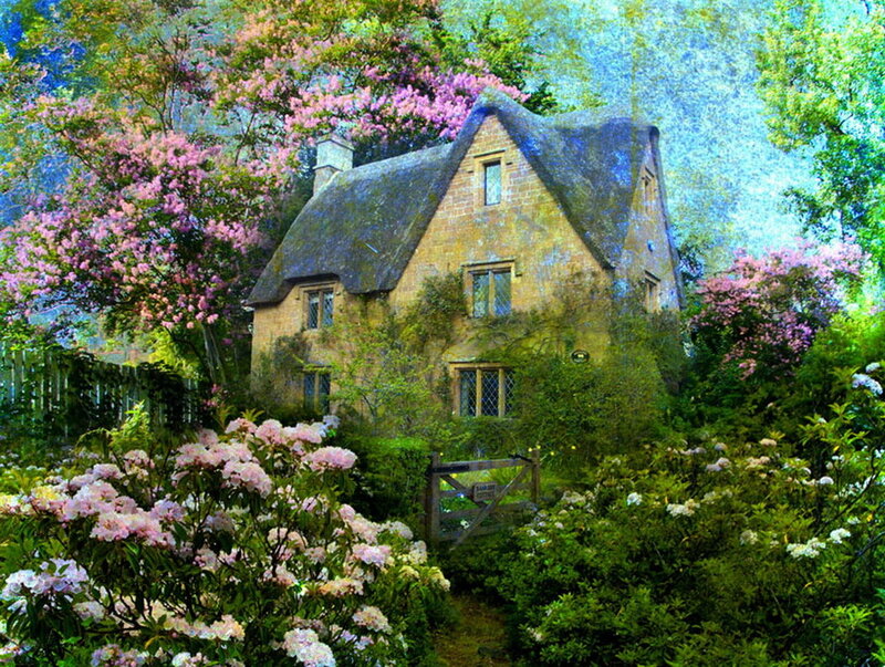 Thatched Cottage in Garden — Green, Serene, Spring