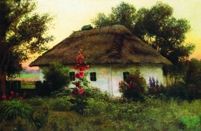 Thatched Cottage in Garden — Green, Serene, Sunset, Painting
