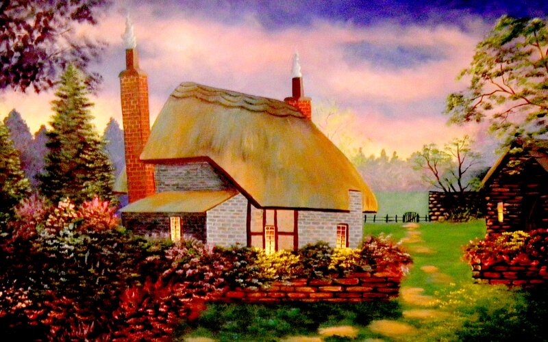 Thatched Cottage in Garden — Green, Serene, Sunset