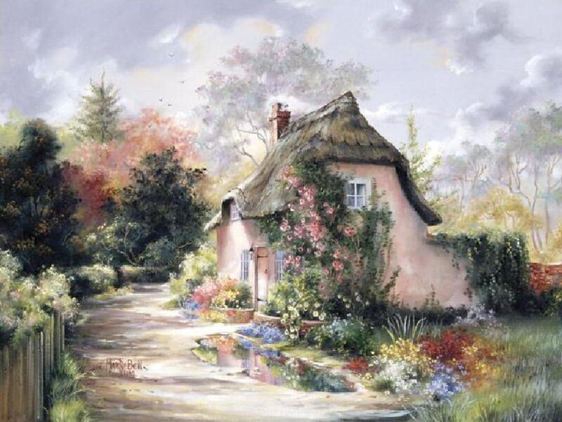 Thatched Cottage in Garden — Pink, Serene