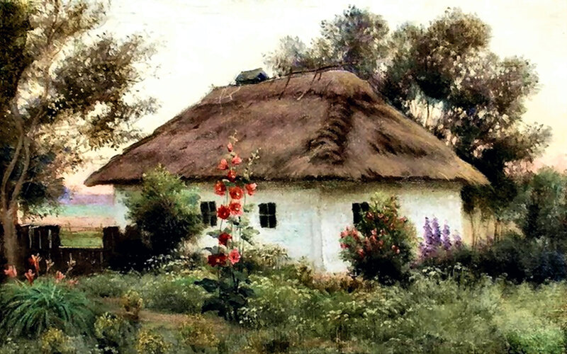 Thatched Cottage in Garden — White, Serene