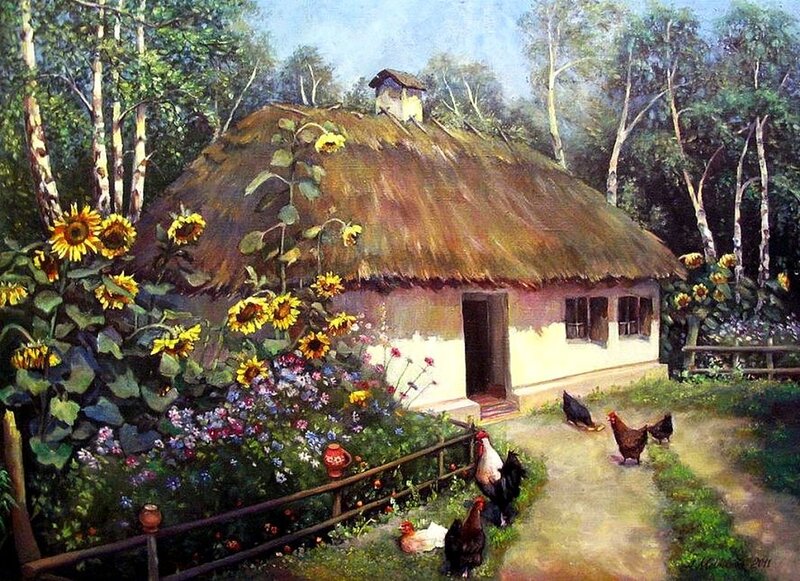 Thatched Cottage in Garden — Yellow, Serene, Summer