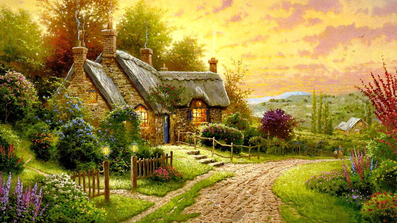 Thatched Cottage in Garden — Yellow, Serene, Sunset, Painting