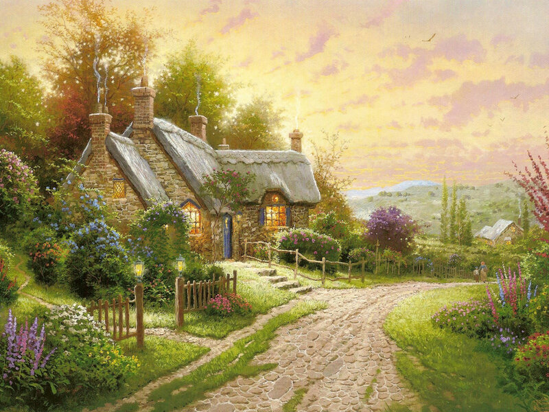 Thatched Cottage in Garden — Yellow, Serene, Sunset