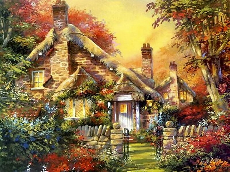 Thatched Cottage in Garden — Yellow, Serene