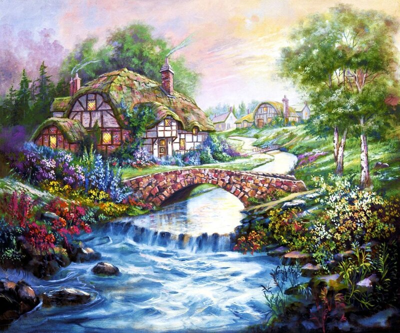 Thatched Cottage Village — Green, Serene, Afternoon, Painting, River