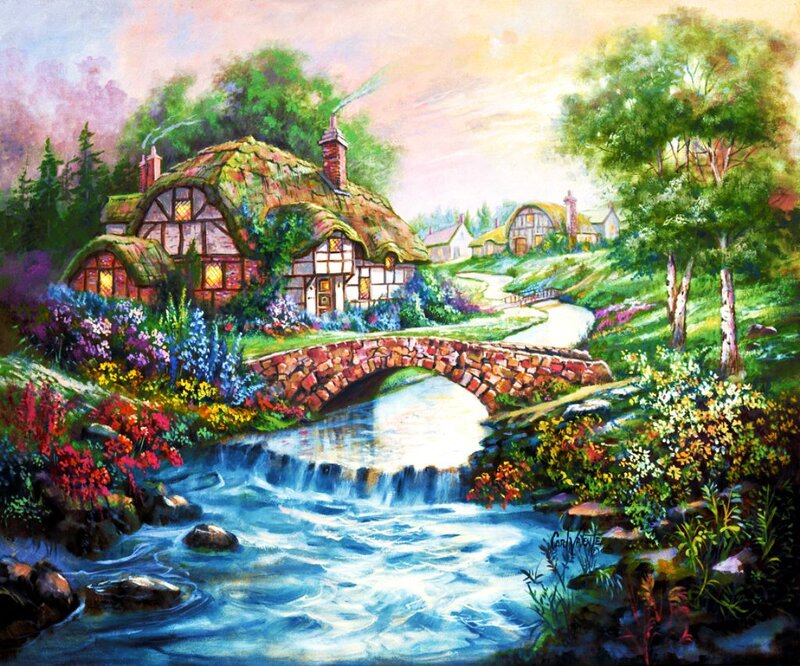 Thatched Cottage Village — Green, Serene, Afternoon, Painting