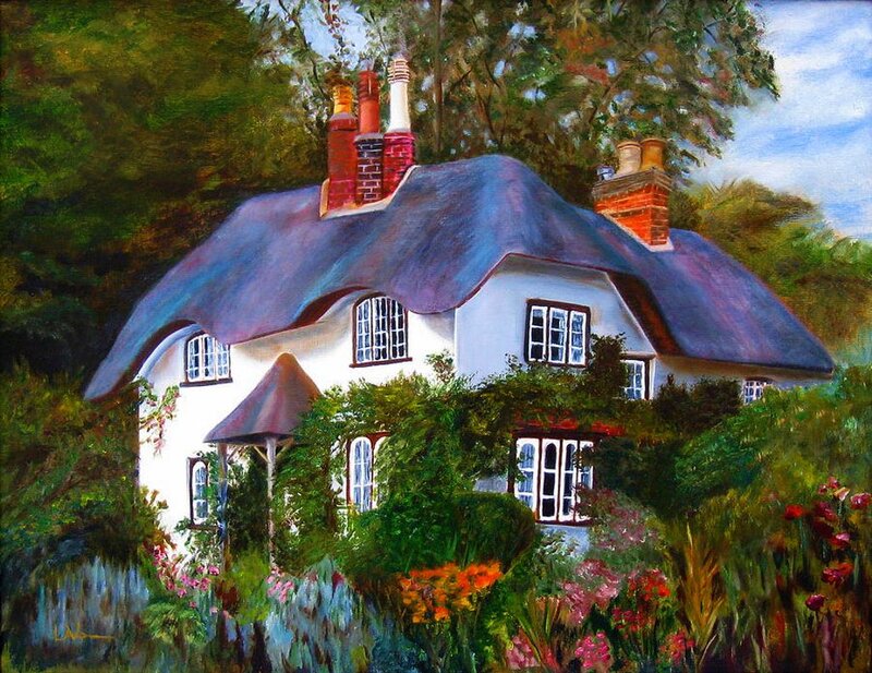 Thatched Cottage — White, Serene, Afternoon, Painting