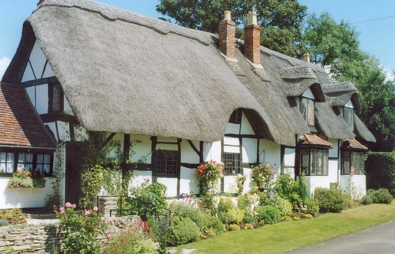 Thatched Cottage — White, Serene, Afternoon, Photograph, Flowers, Garden