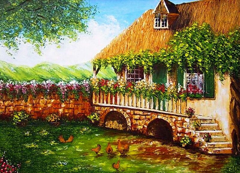 Thatched Cottage with Chickens