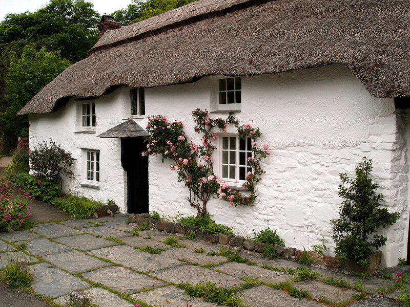 Thatched Cottage with Roses — White