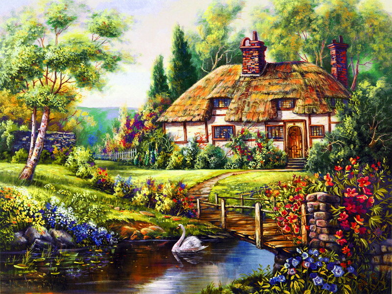 Thatched Cottage with Swan