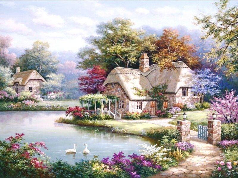 Thatched Cottages by Lake — Green