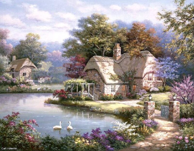 Thatched Cottages by Lake