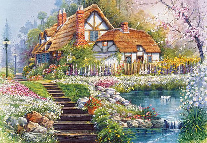 Thatched Cottages by Pond — Green
