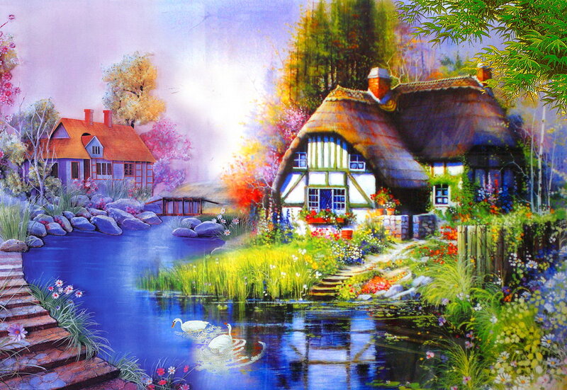 Thatched Cottages by Pond