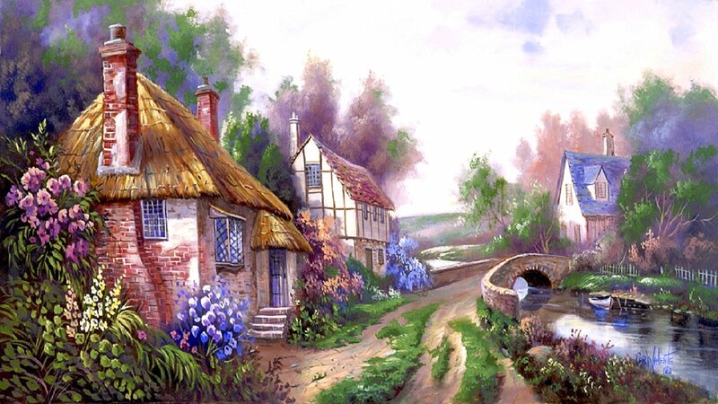 Thatched Cottages by River — Green, Serene, Afternoon, Painting, Bridge