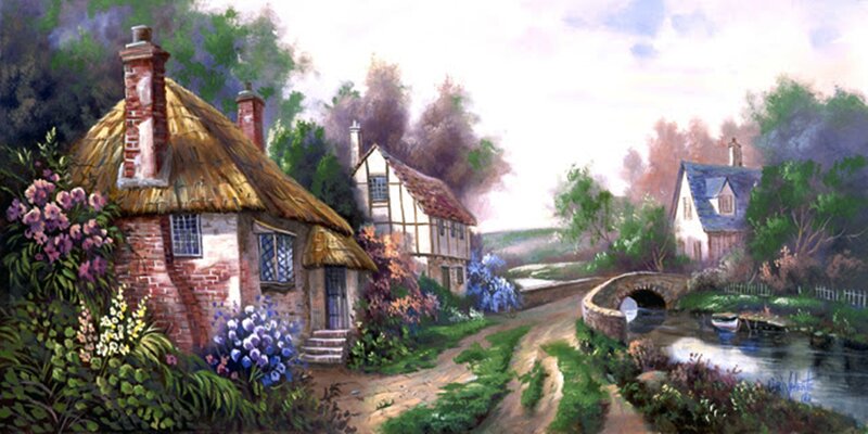 Thatched Cottages by River — Green, Serene, Afternoon
