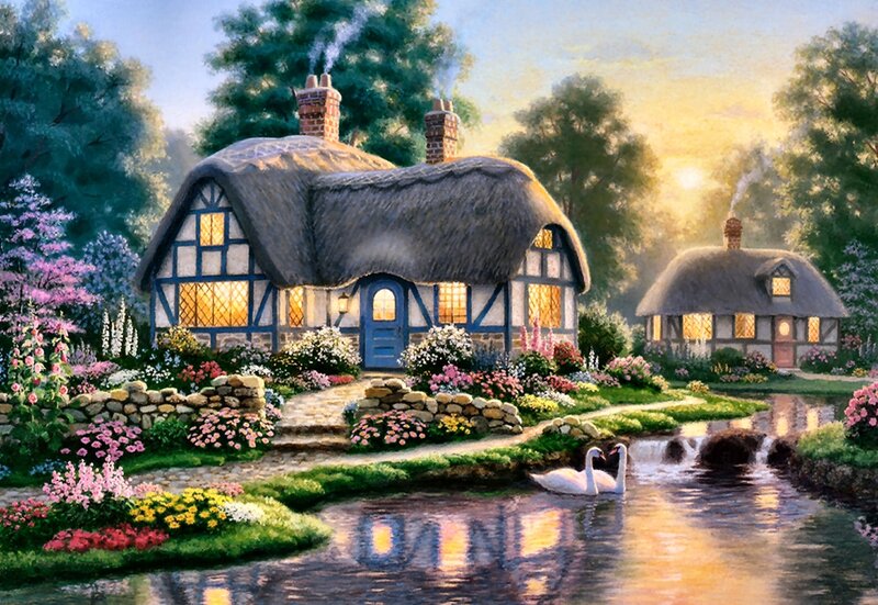 Thatched Cottages by River — Green, Serene, Sunset