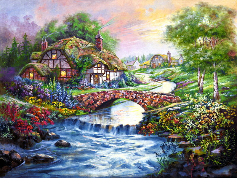 Thatched Cottages by River — Green, Serene