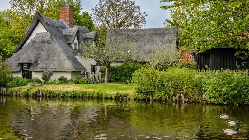 Thatched Cottages by River — Green
