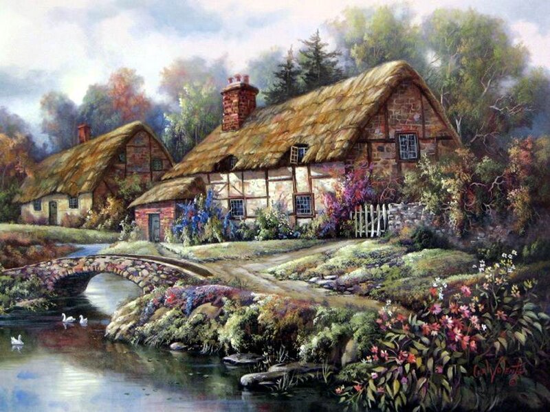 Thatched Cottages by River