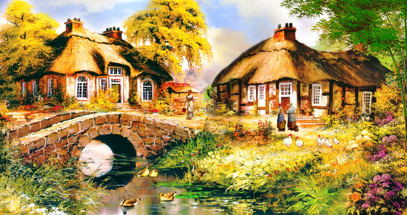Thatched Cottages by River — Yellow