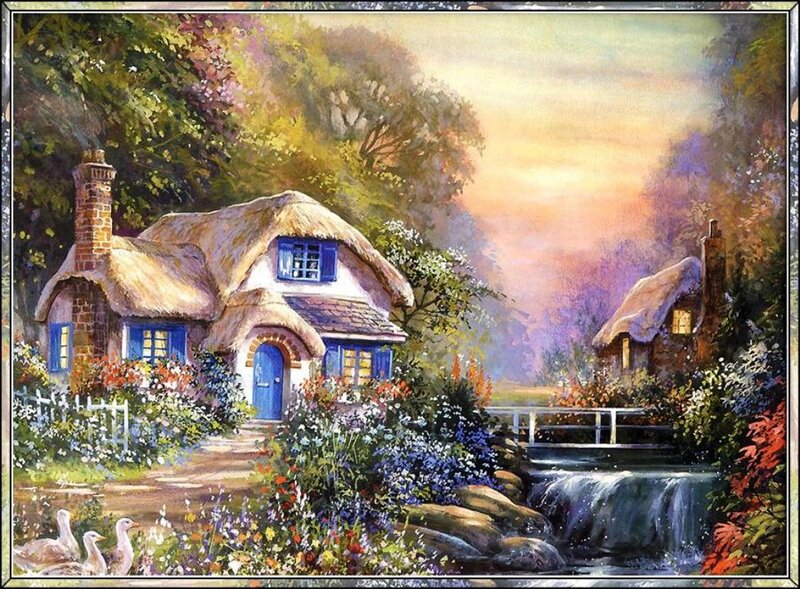 Thatched Cottages by Stream