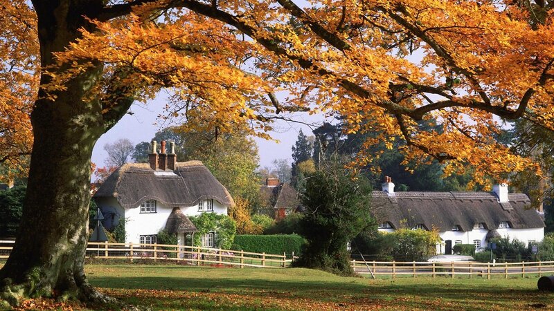 Thatched Cottages in Autumn — Orange, Serene