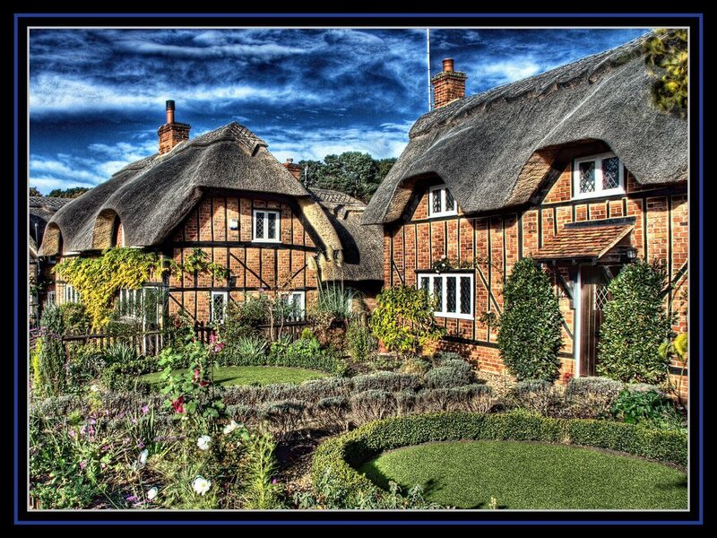 Thatched Cottages in Garden — Blue