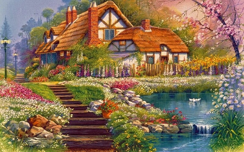 Thatched Cottages in Garden — Green, Serene, Spring