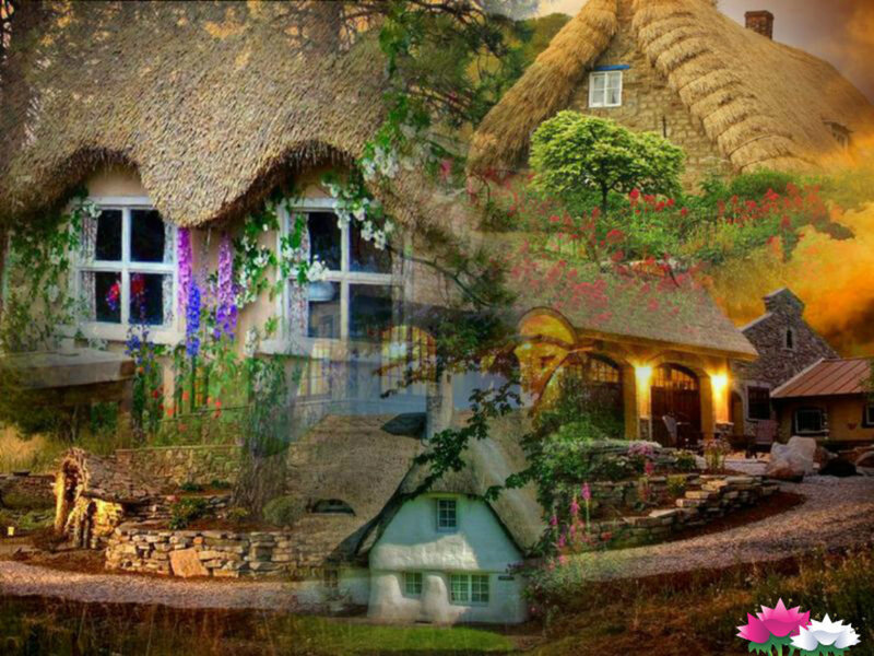 Thatched Cottages in Garden — Green, Serene, Sunset