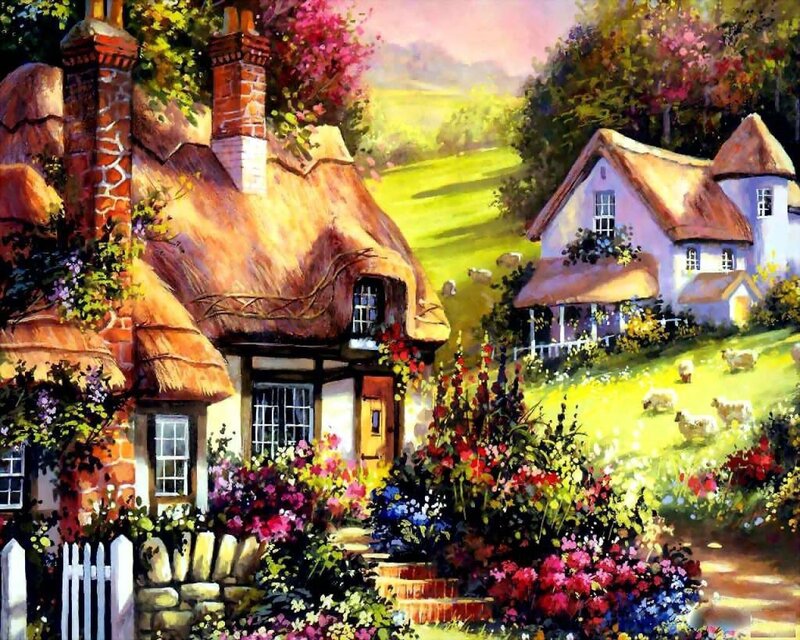 Thatched Cottages in Garden — Green