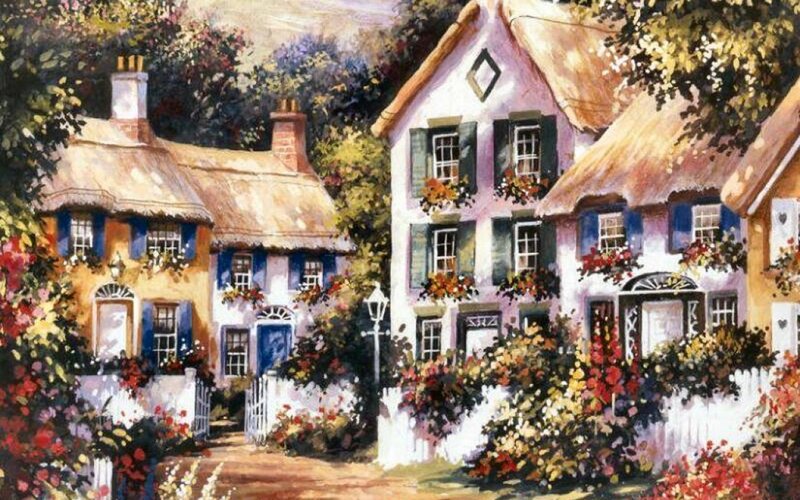 Thatched Cottages in Garden — White