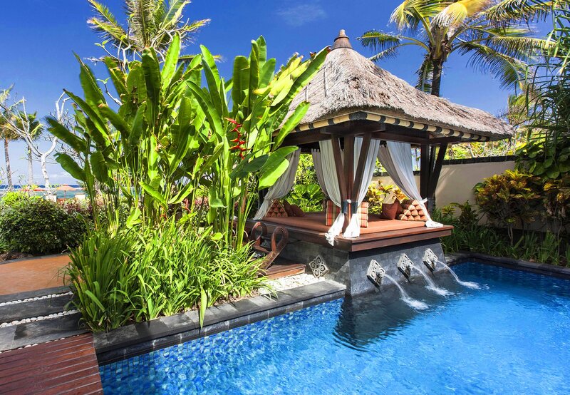 Thatched Gazebo by Pool — Blue, Serene, Afternoon, Photograph, Palm Trees