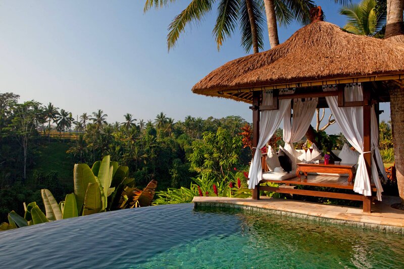 Thatched Gazebo by Pool — Blue, Serene, Afternoon