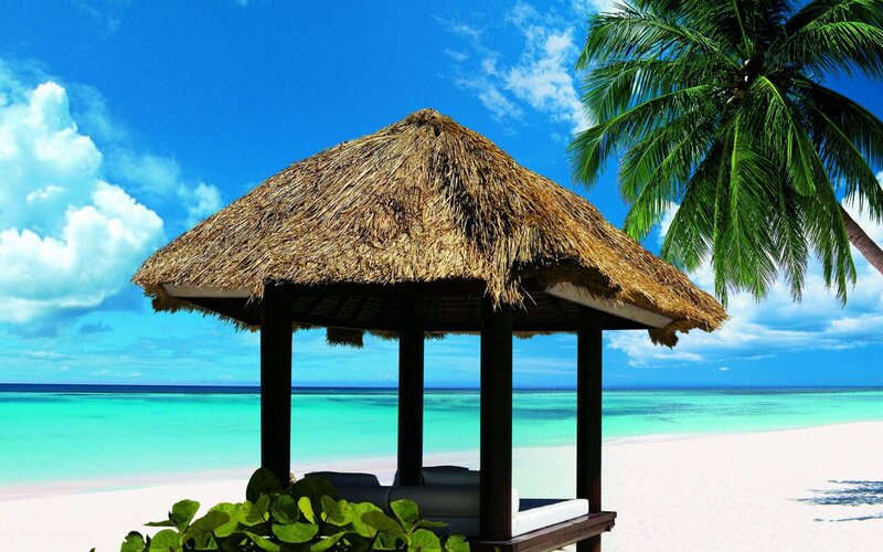 Thatched Gazebo on Beach — Blue, Serene, Afternoon