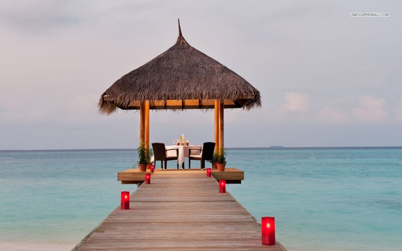 Thatched Gazebo on Pier — Blue, Serene