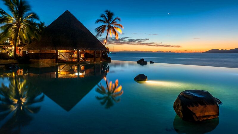 Thatched Hut at Sunset — Blue, Serene