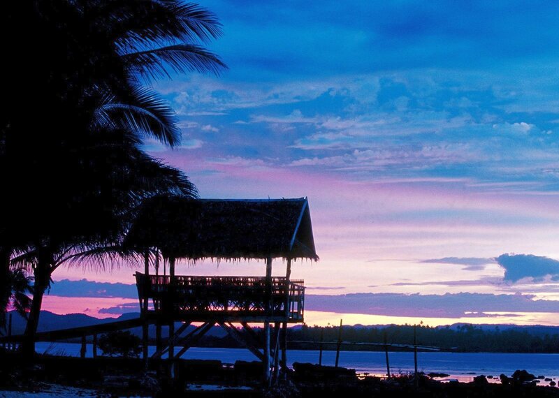 Thatched Hut at Sunset — Blue