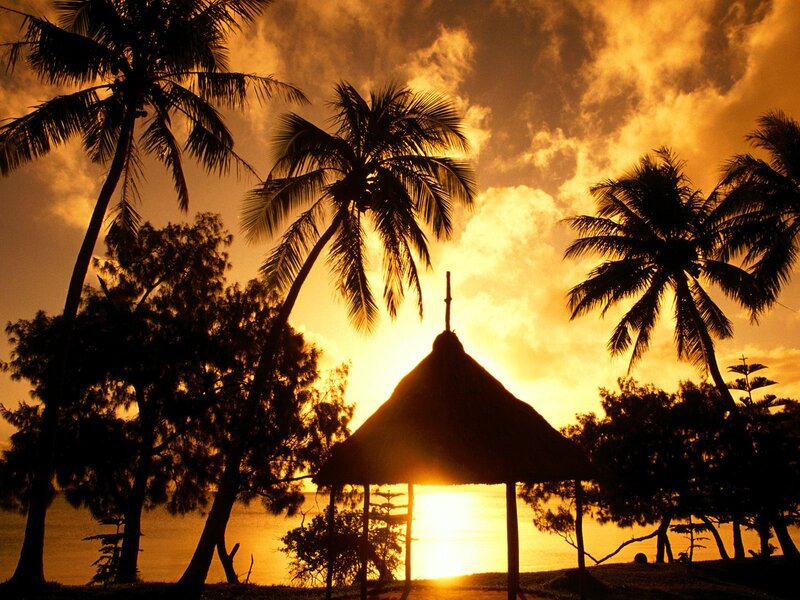 Thatched Hut at Sunset — Orange, Serene